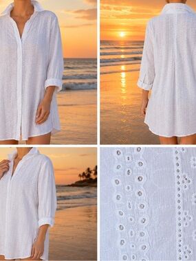 White Eyelet Button-Front Swim Coverup Shirt - Lightweight Beach Tunic